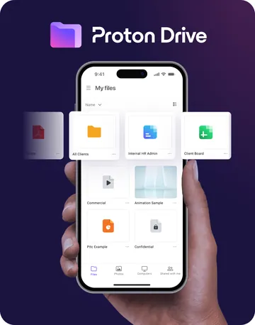 Proton Drive mobile app showing a My files screen with folders named All Clients, Internal HR Admin and Client Board