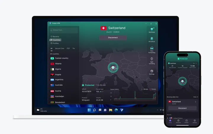 Proton VPN app on a Windows laptop and an iPhone, both connected and showing NetShield, kill switch and split tunnelling controls